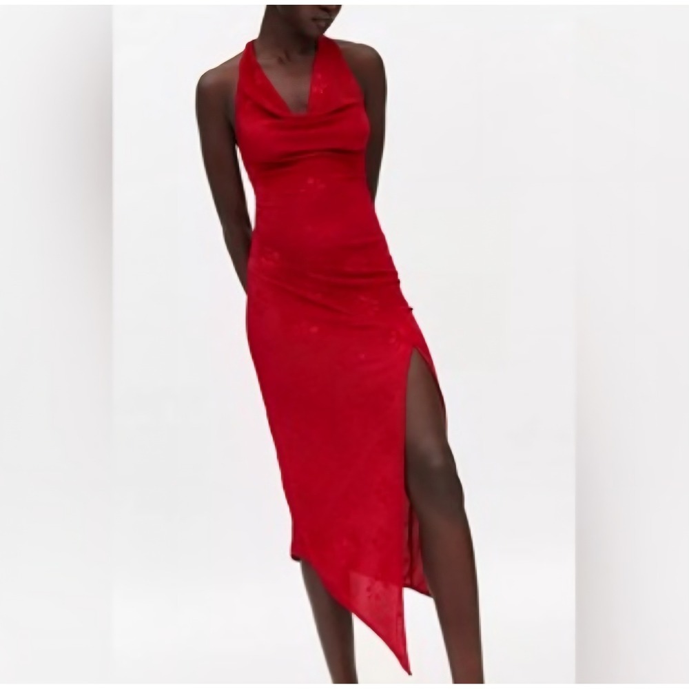 NWT Silence + Noise Urban Outfitter Red Plisse Halter Cowl Neck Midi Dress XS